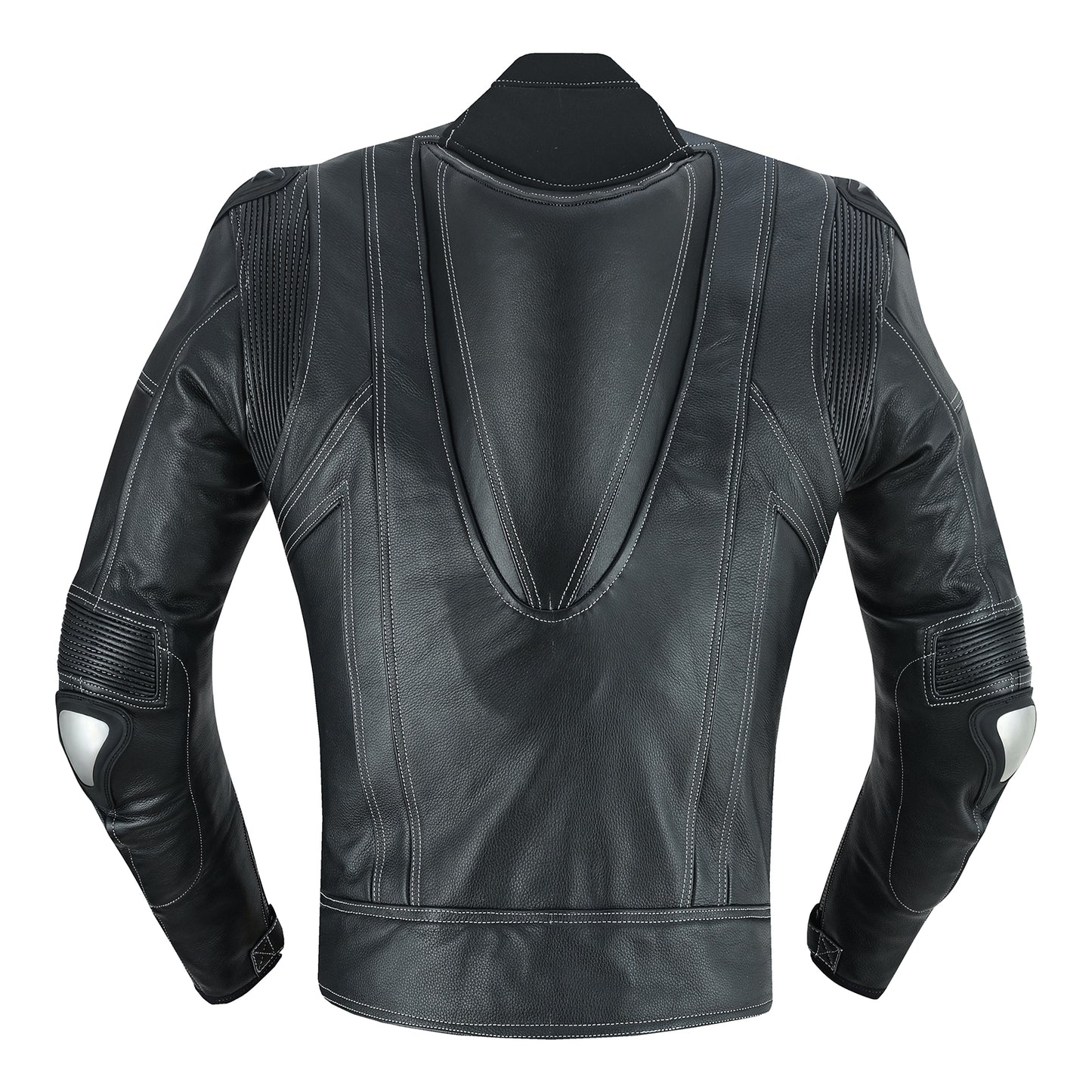 Backside of jacket of mens 2 piece leather motorcycle racing suit in jet black colour