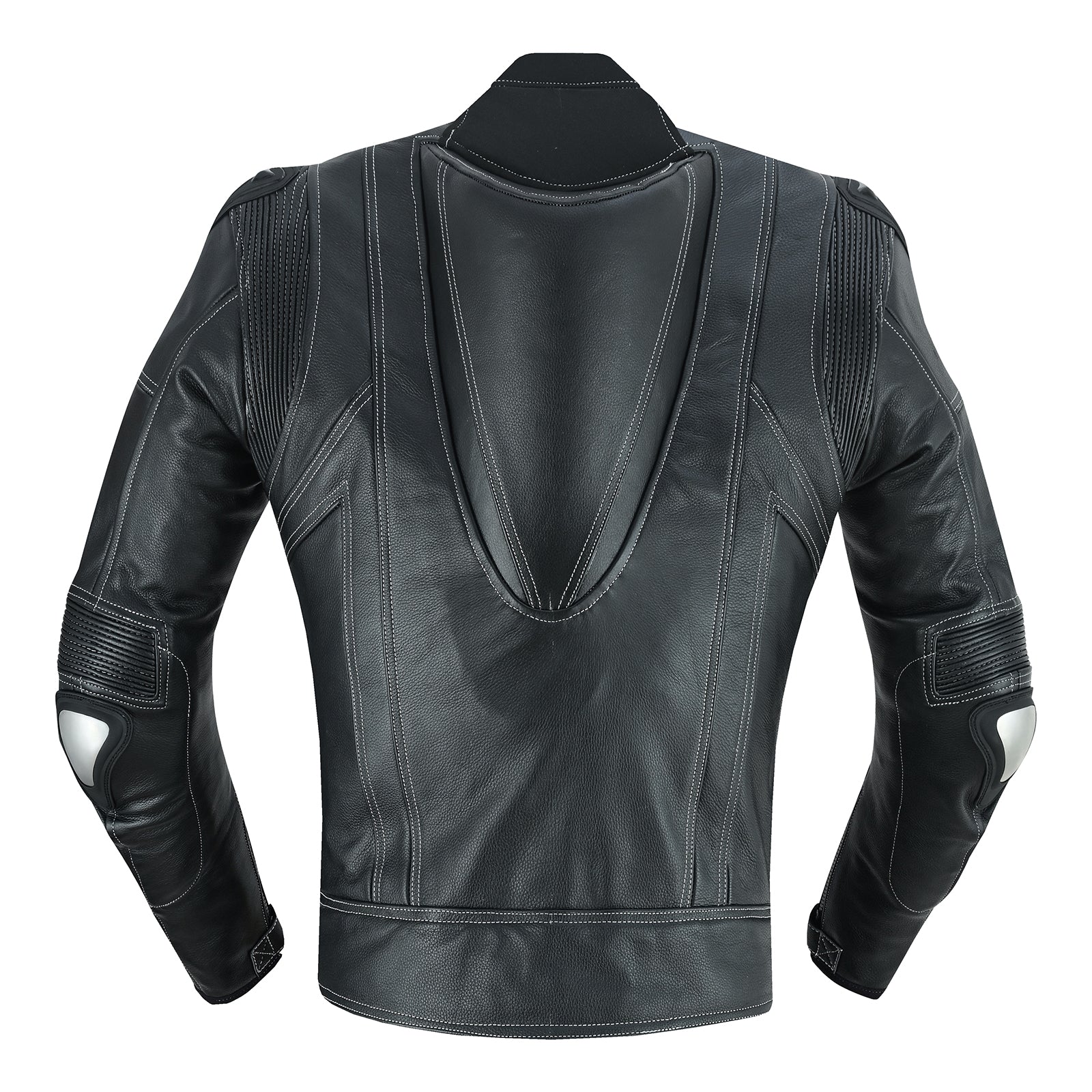 Backside of jacket of mens 2 piece leather motorcycle racing suit in jet black colour