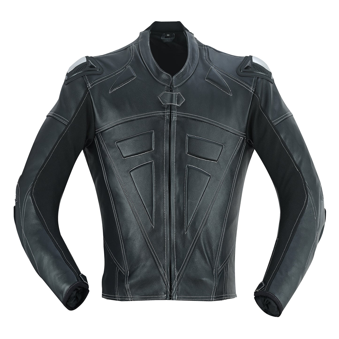 jacket of mens 2 piece leather motorcycle racing suit in jet black colour