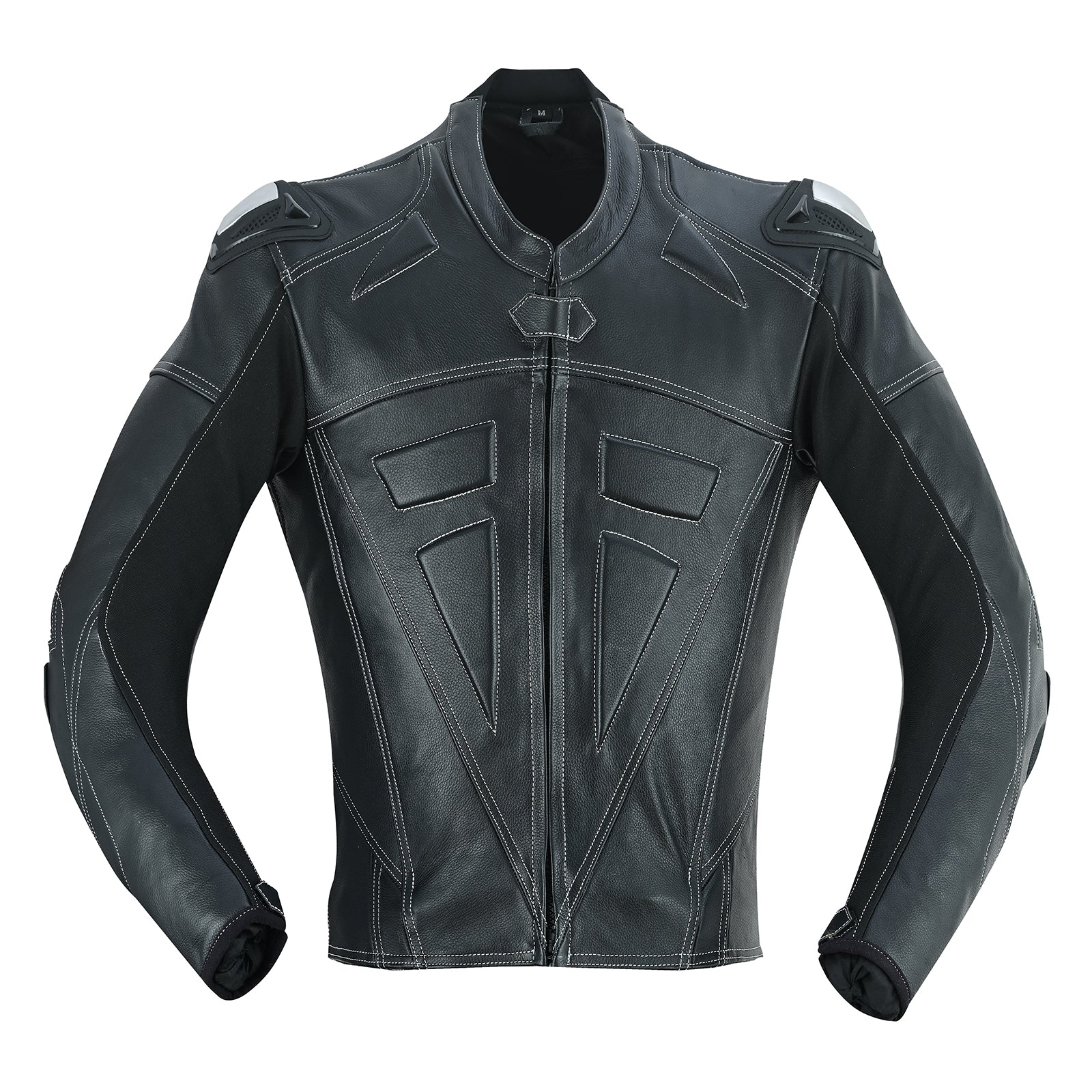 jacket of  mens 2 piece leather motorcycle racing suit in jet black colour