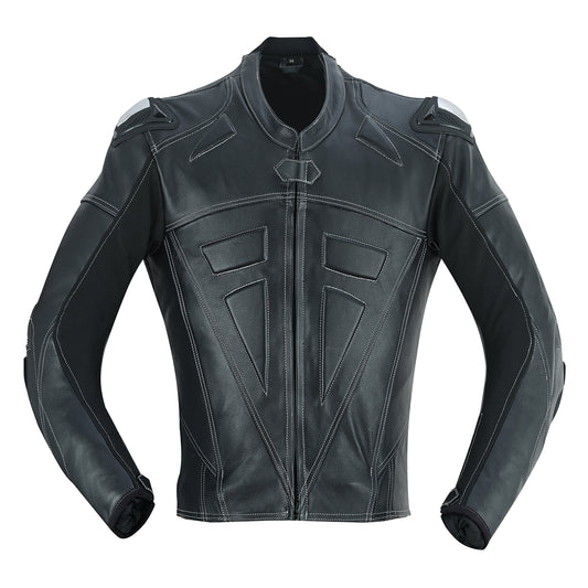 jacket of  mens 2 piece leather motorcycle racing suit in jet black colour