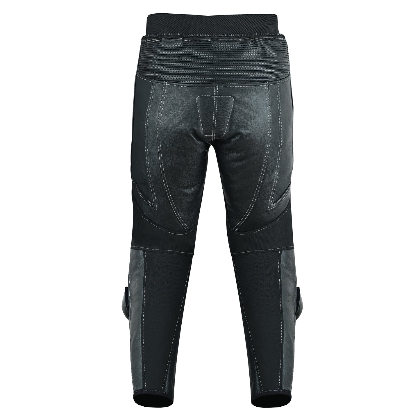 Backside of trousers of mens 2 piece leather motorcycle racing suit in jet black colour
