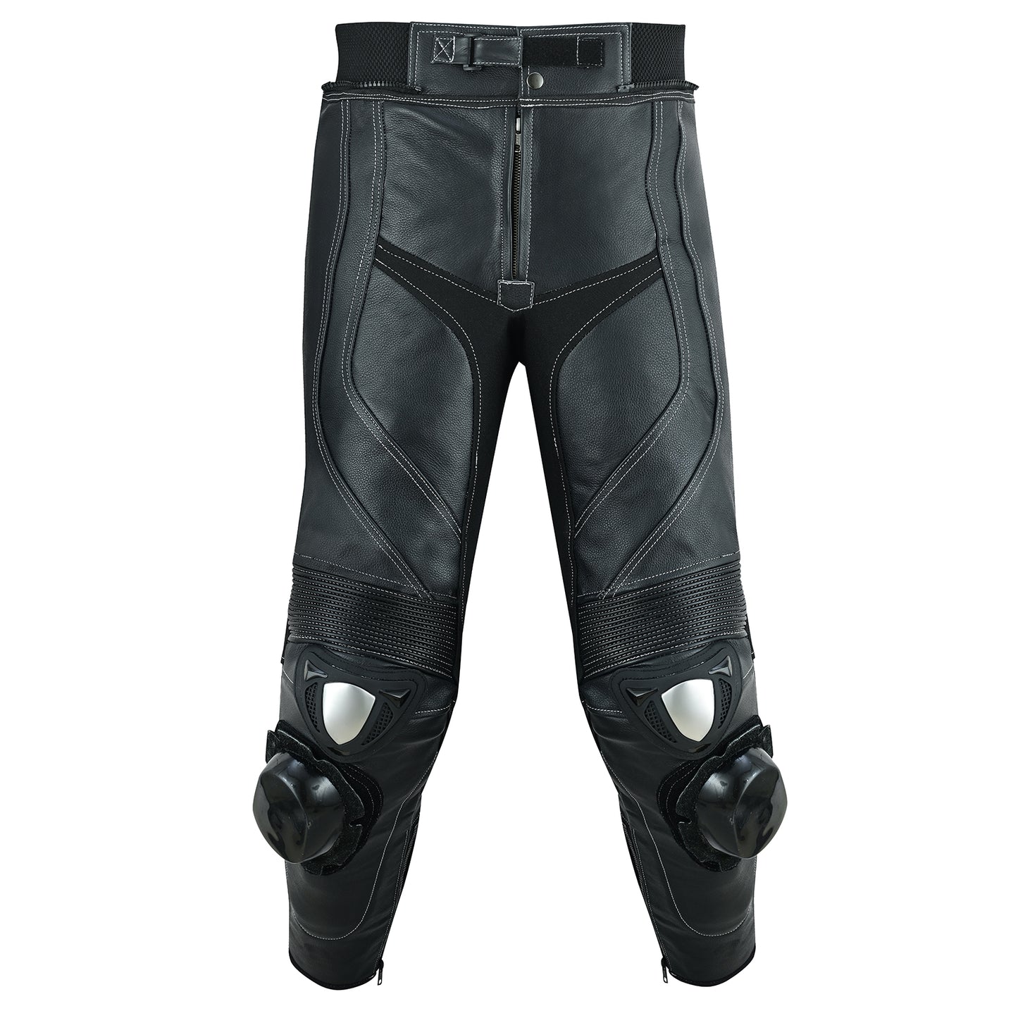 trousers of mens 2 piece leather motorcycle racing suit in jet black colour
