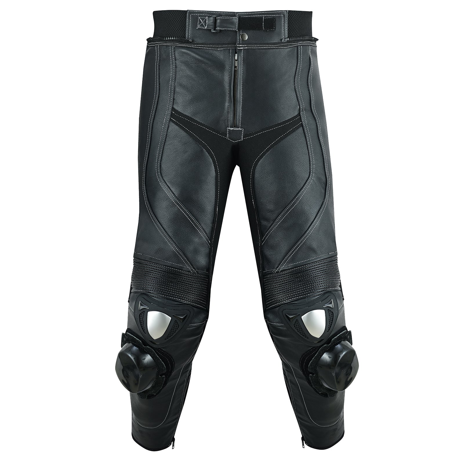 trousers of mens 2 piece leather motorcycle racing suit in jet black colour
