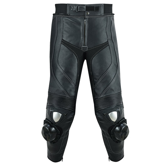 trousers of mens 2 piece leather motorcycle racing suit in jet black colour