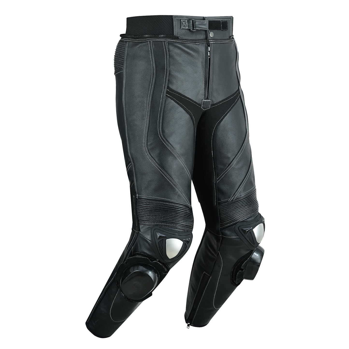 Trousers of mens 2 piece leather motorcycle racing suit in jet black colour