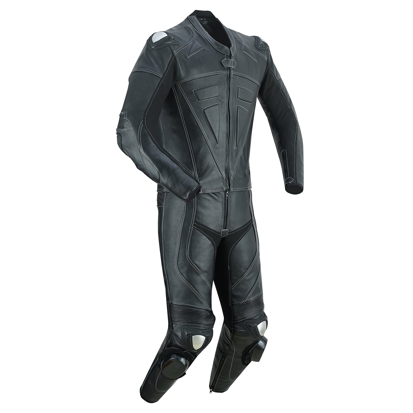 Side view of Motrox mens 2 piece leather motorcycle racing suit in jet black colour
