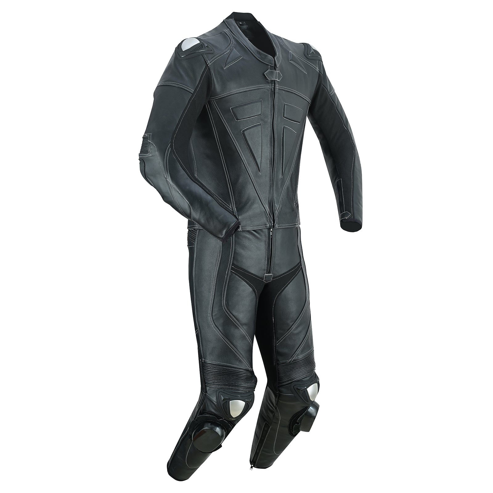 Side view of Motrox mens 2 piece leather motorcycle racing suit in jet black colour
