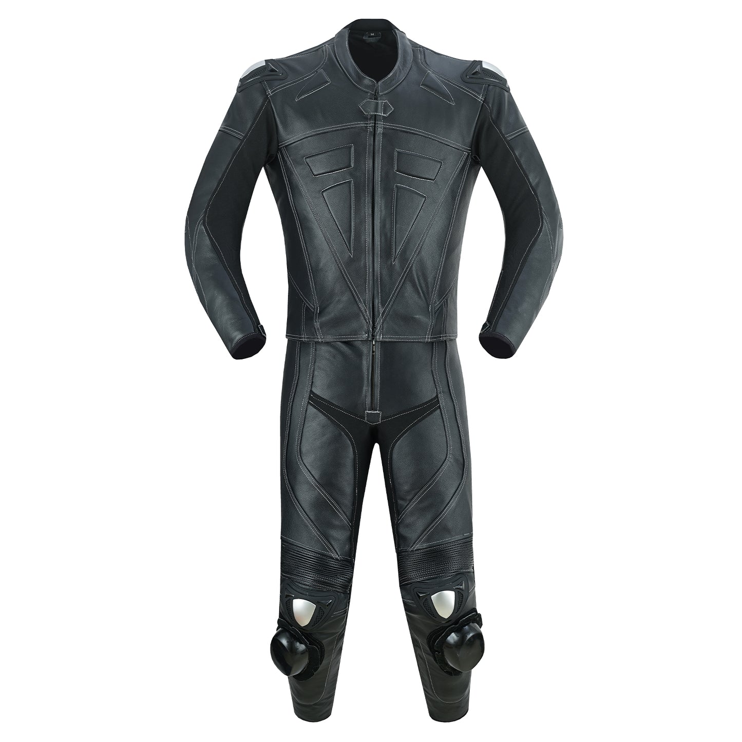 Motrox mens 2 piece leather motorcycle racing suit in jet black colour