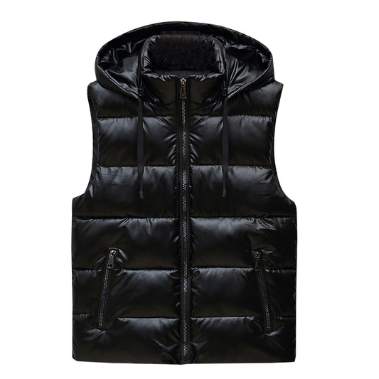 Men's black quilted hooded gilet with full zip closure, two front zip pockets, and a detachable hood.