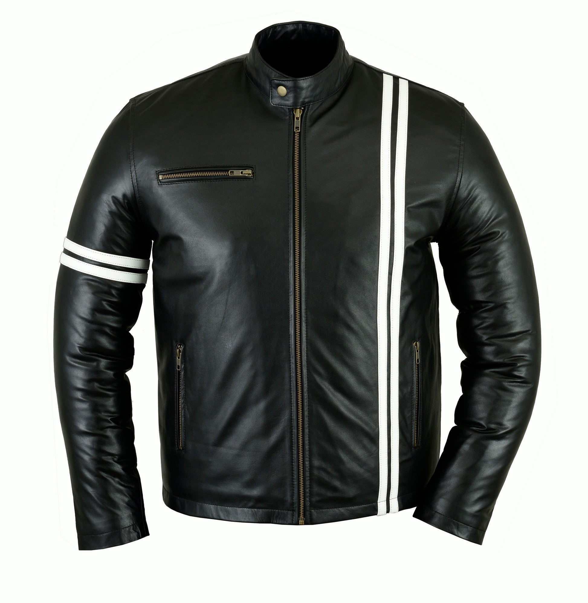 Custom-made men's black leather jacket with white Harley stripes on it.