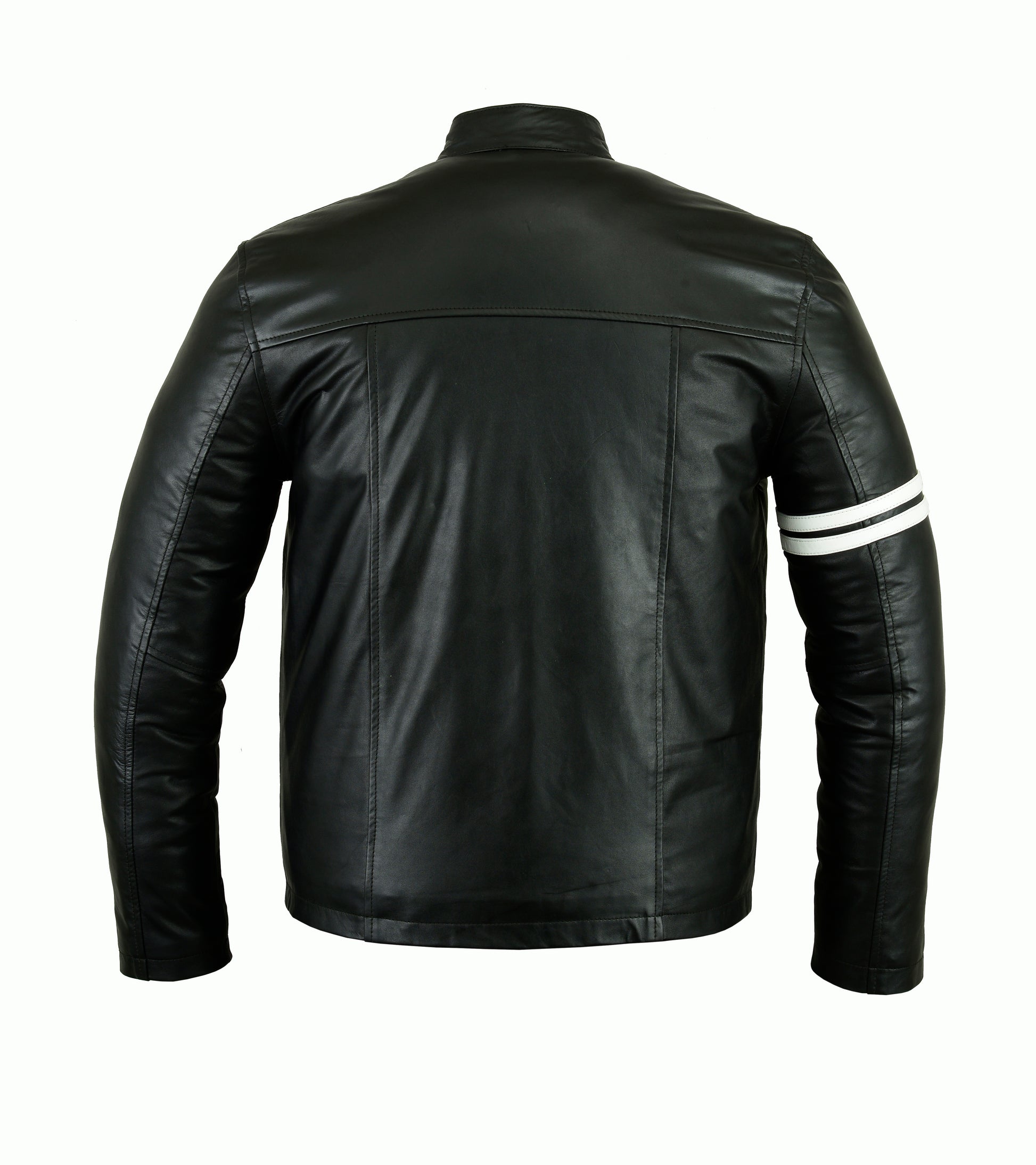 Backside of Men's black leather jacket with white stripes