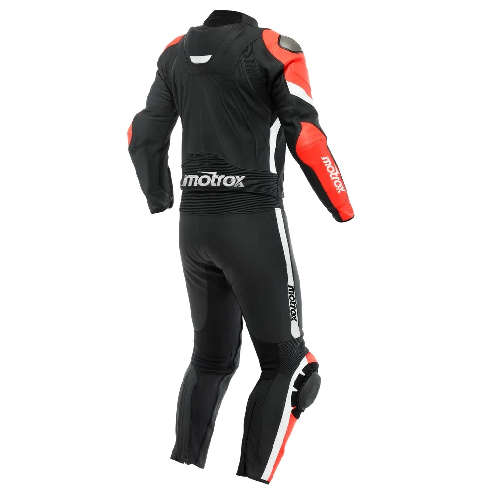 Backside of Motrox mens leather motorcycle racing suit in black & red colour