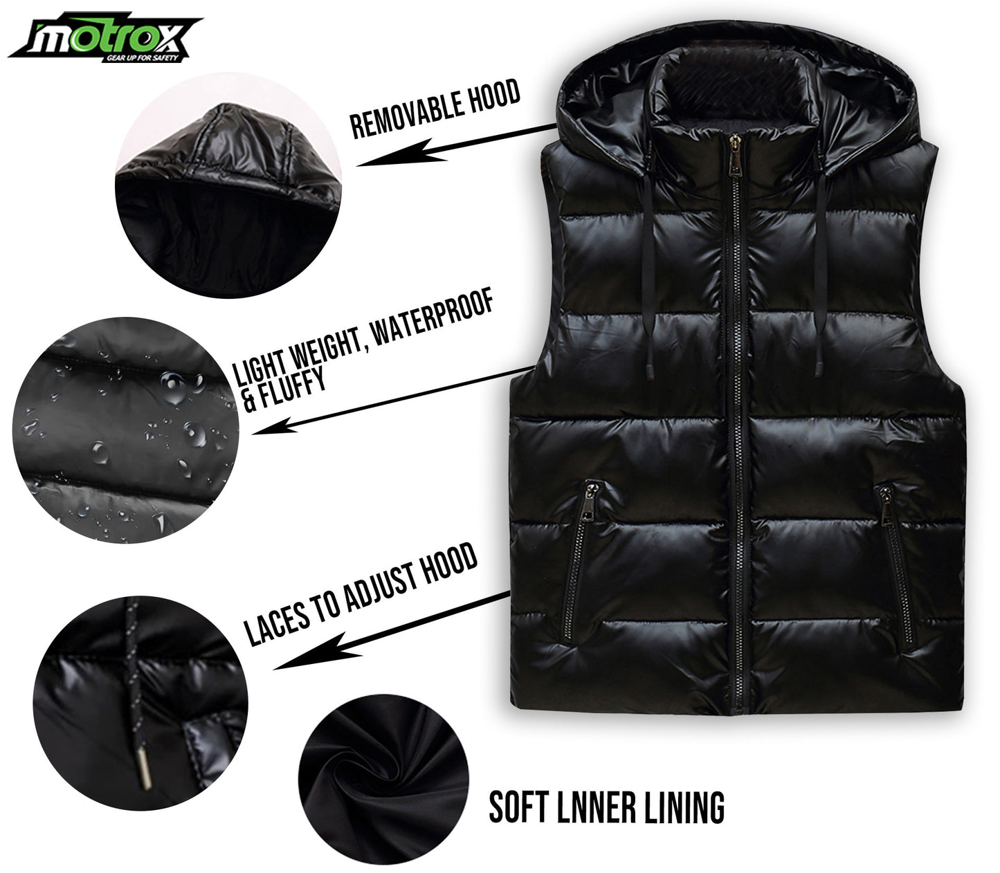 Men Gilet Sleeve-less Puffer Hooded jacket Black