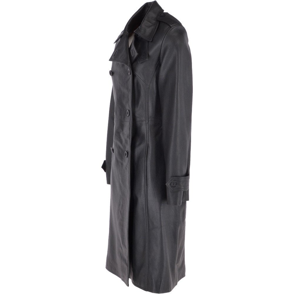 side view of leather trench coat women