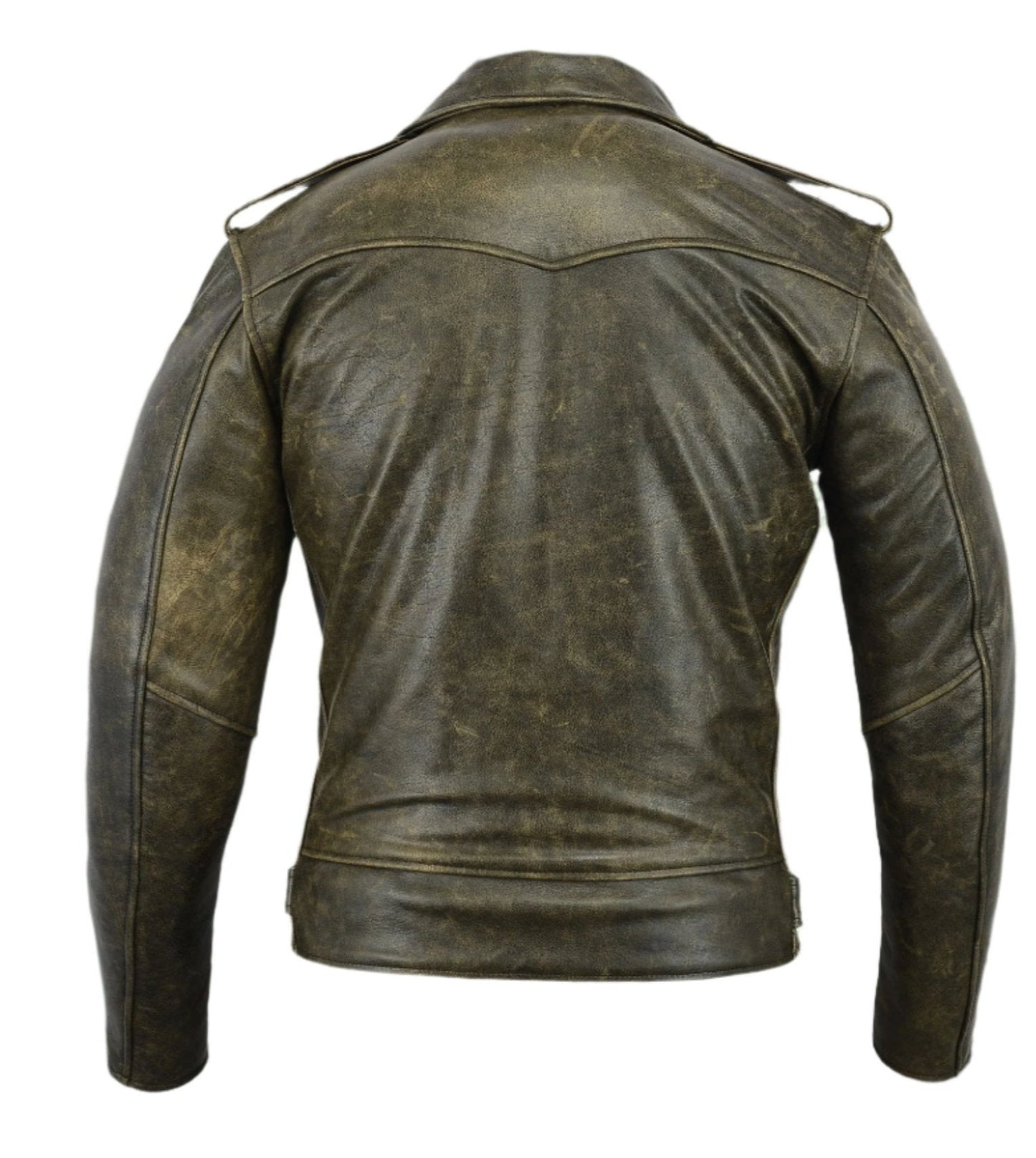 Backside of Men's vintage brown distressed leather jacket
