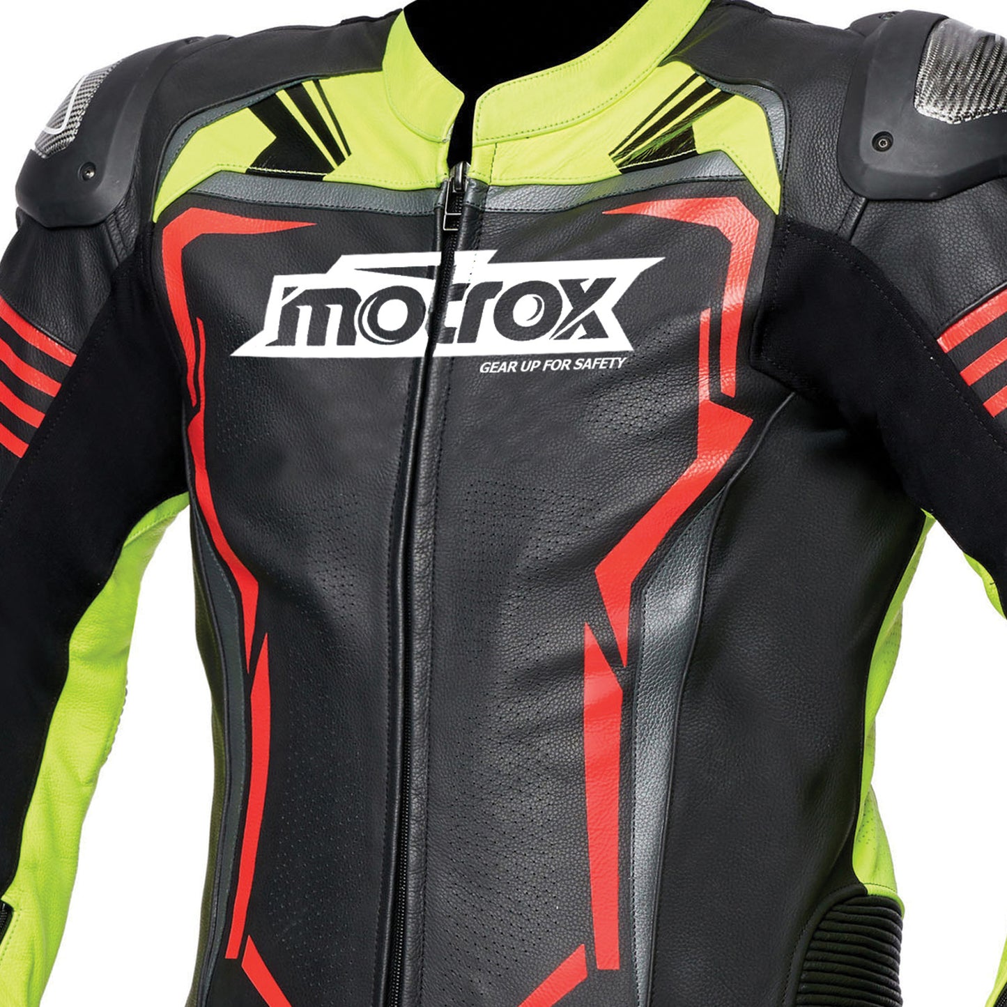 Close up of chest of leather motorcycle suit