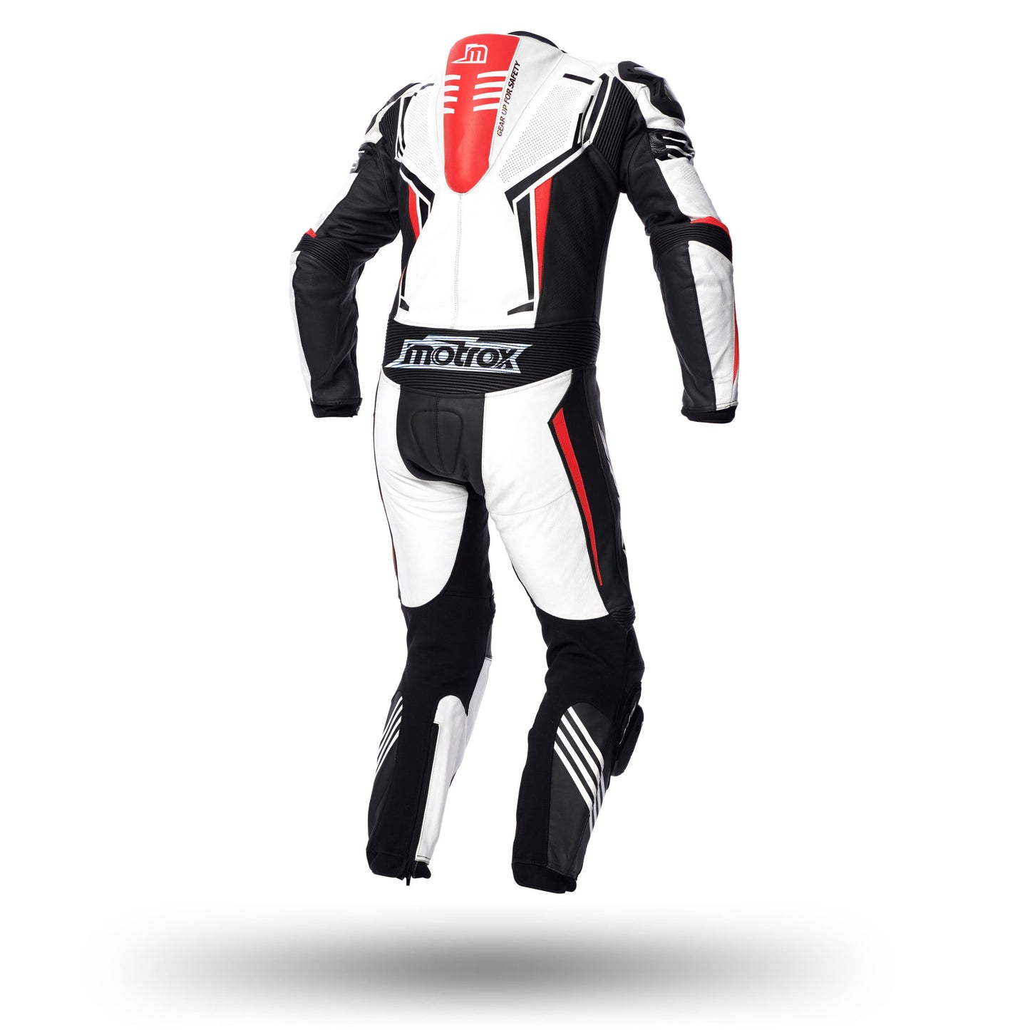 Backside of Mens motorcycle RACE Leather SUIT Back & white