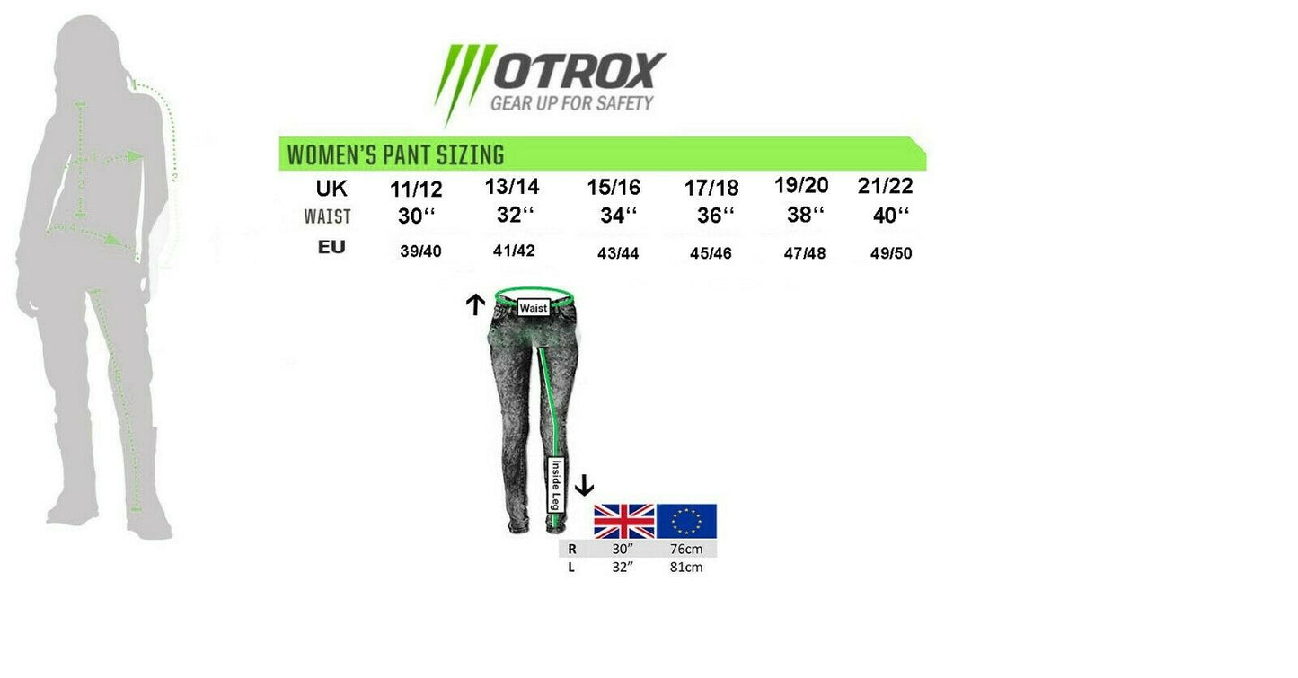 Women Motorcycle Jeans size chart UK