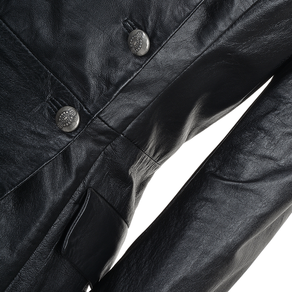 close up of buttons leather long coat