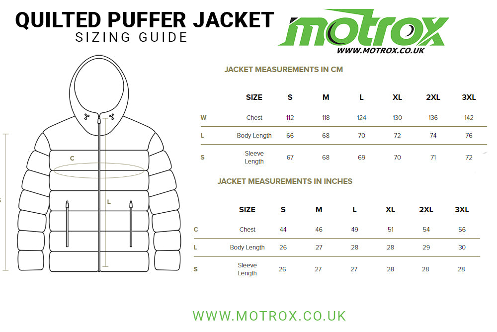 puffer jacket size guide UK