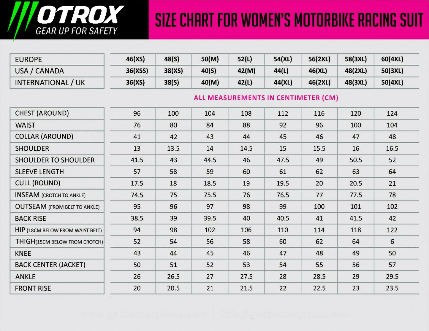 WOMEN RACE SUIT SIZE GUIDE