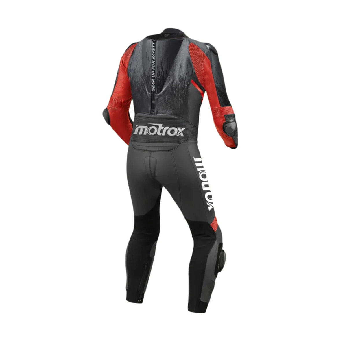 Backside of motorcycle leather racing suit in black & red colour