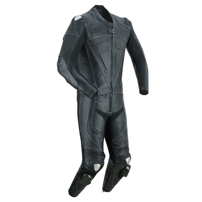 Side view of Motrox mens 2 piece leather motorcycle racing suit in jet black colour 
