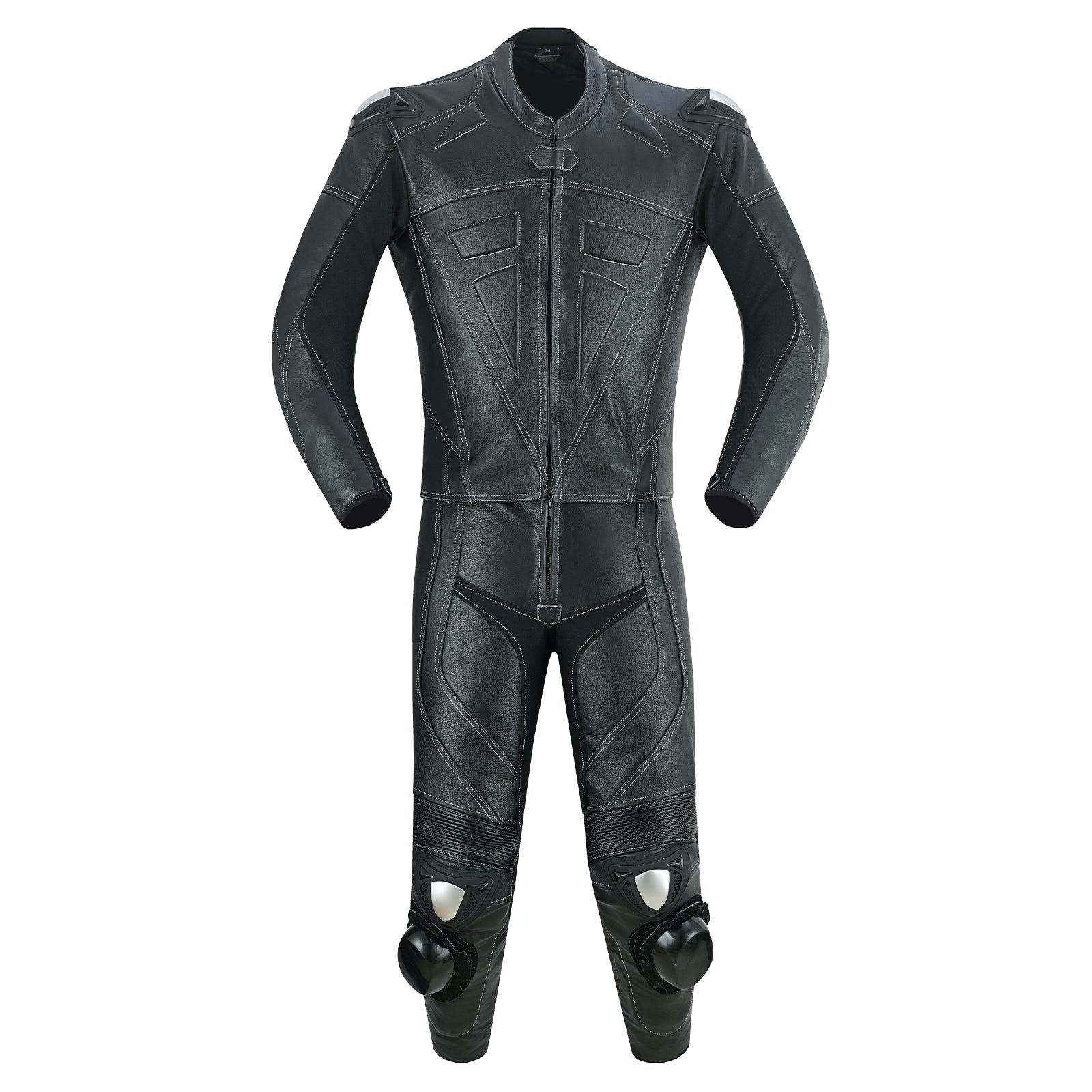 Motrox mens 2 piece leather motorcycle racing suit in jet black colour 