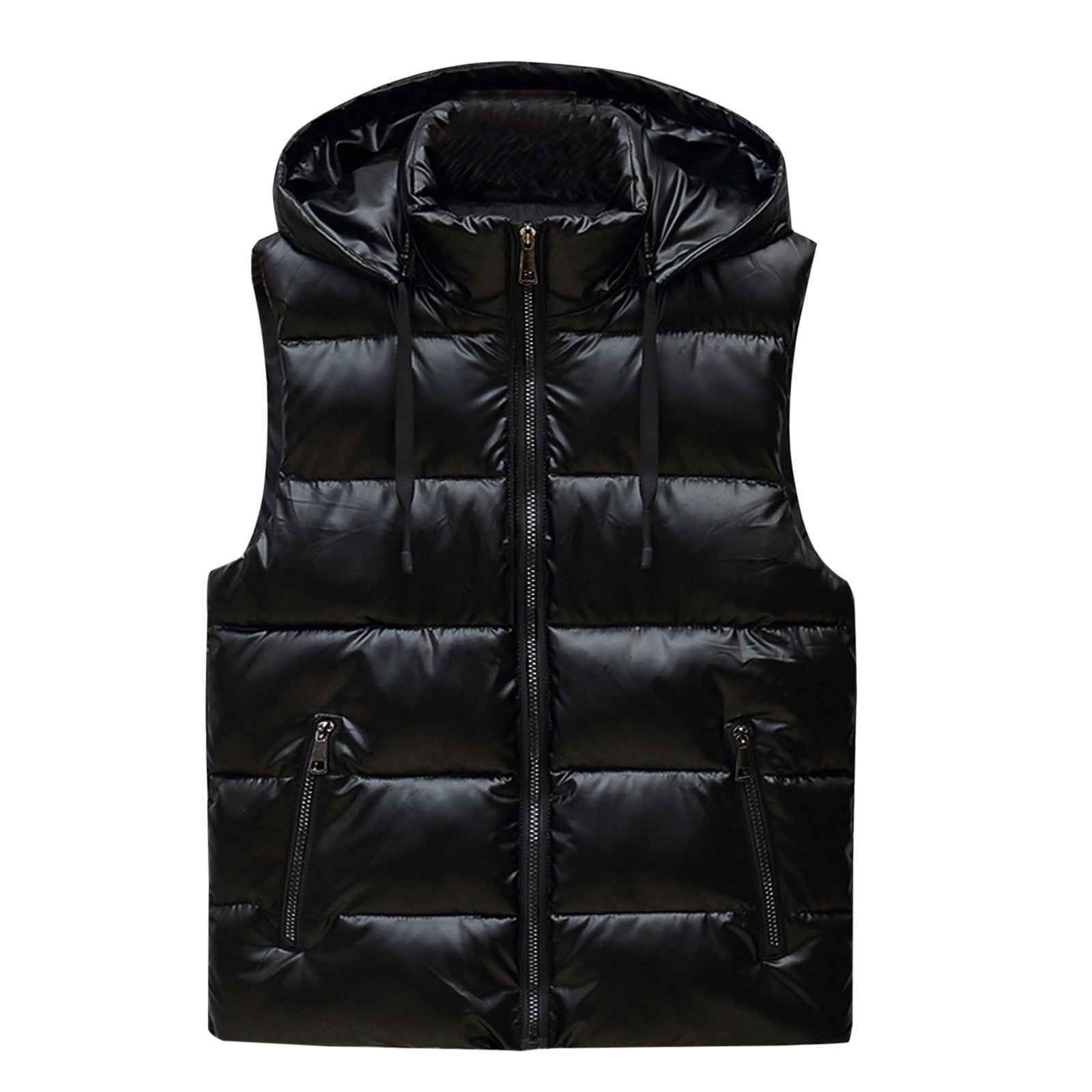Men's black quilted hooded gilet with full zip closure, two front zip pockets, and a detachable hood.