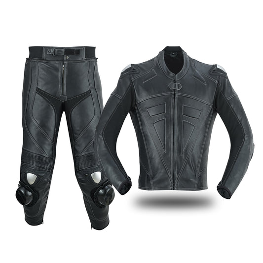 Motrox mens 2 piece leather motorcycle racing suit in jet black colour 