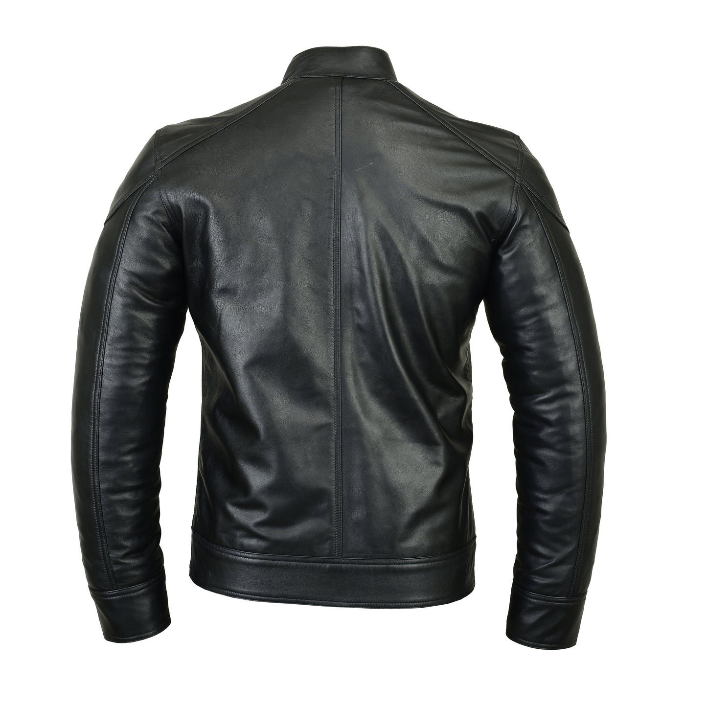 Backside photo of mens black leather jacket by Motrox