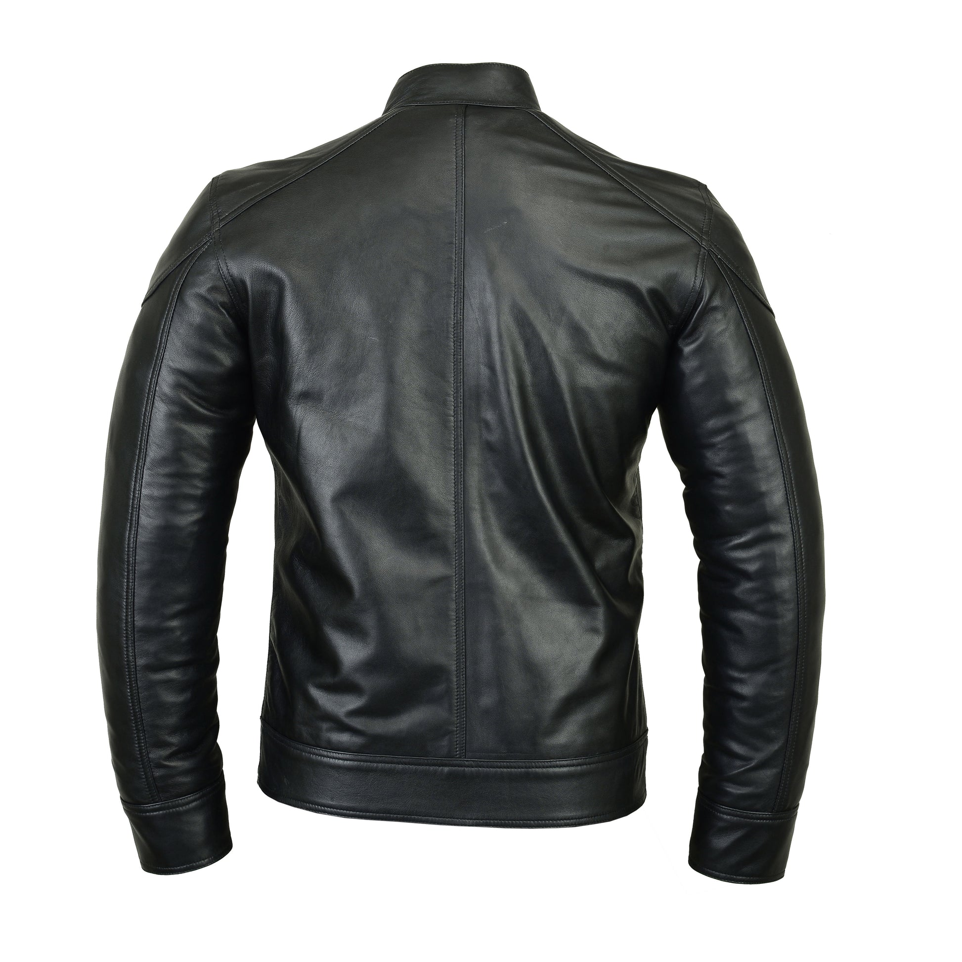 Backside photo of mens black leather jacket by Motrox