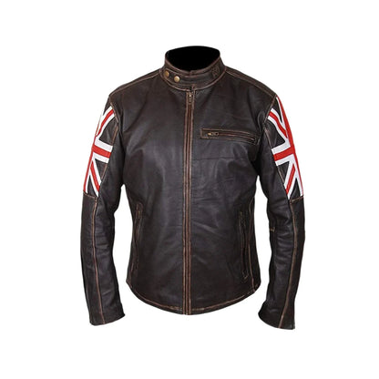Men's Biker Vintage UK Flag Union Jack Brown Leather Jacket
