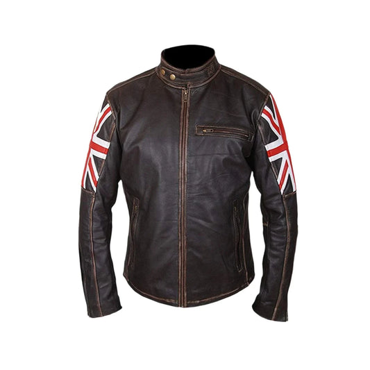 Men's Biker Vintage UK Flag Union Jack Brown Leather Jacket