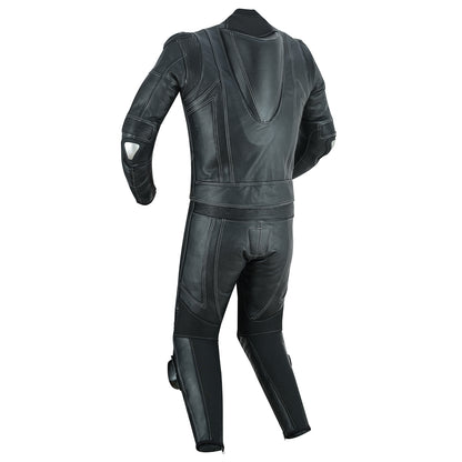 Motrox mens 2 piece leather motorcycle racing suit in jet black colour 