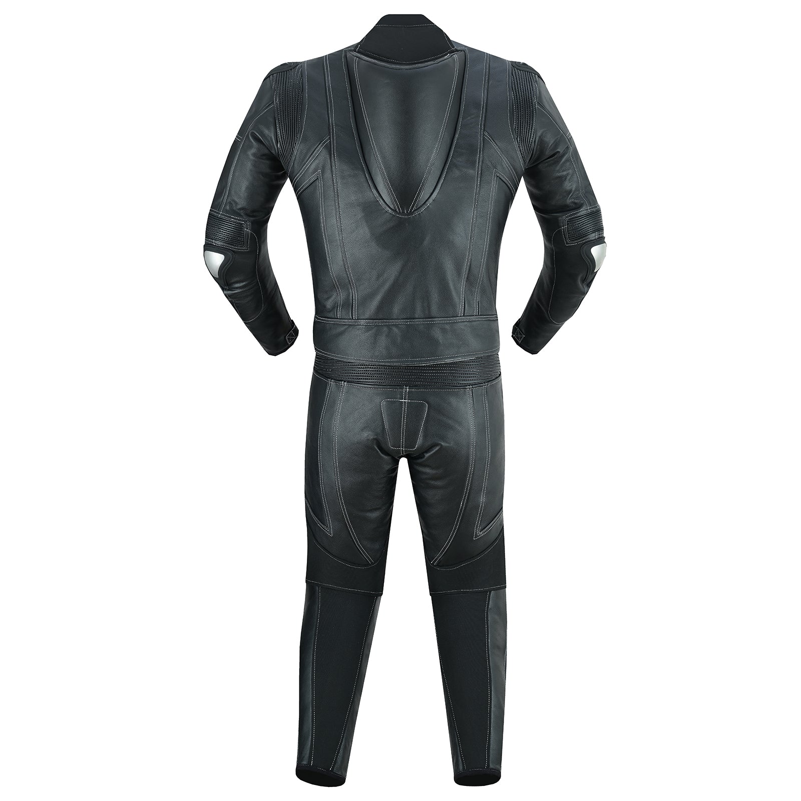 Backside of mens 2 piece leather motorcycle racing suit in jet black colour 
