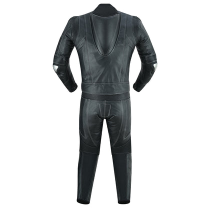Backside of mens 2 piece leather motorcycle racing suit in jet black colour 