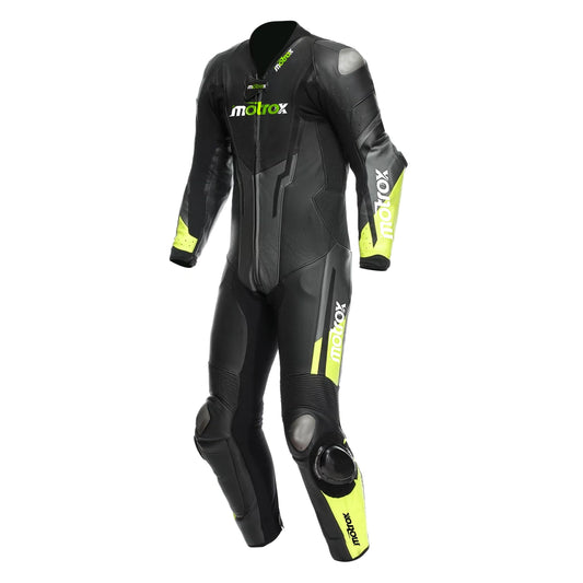 Full leather race suit 1 piece for men in black & green colour