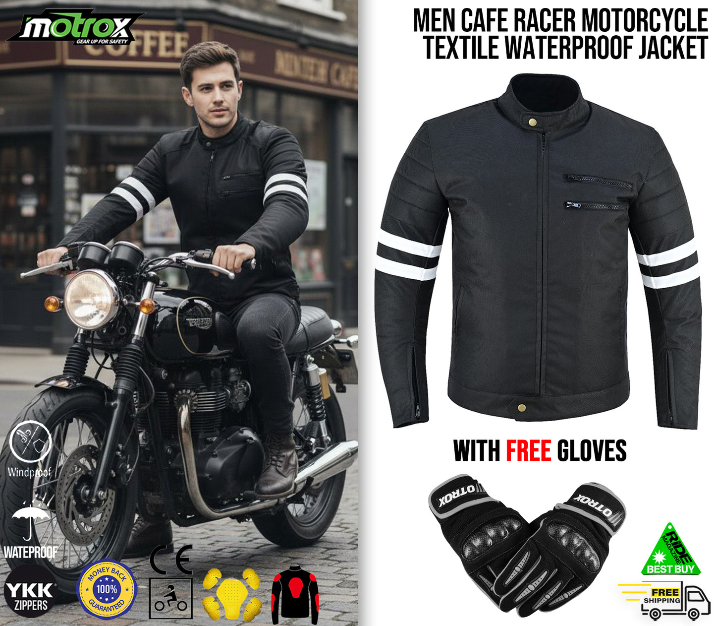 Men’s Motorcycle Jacket Café Racer Biker Textile Thermal Waterproof CE Armours