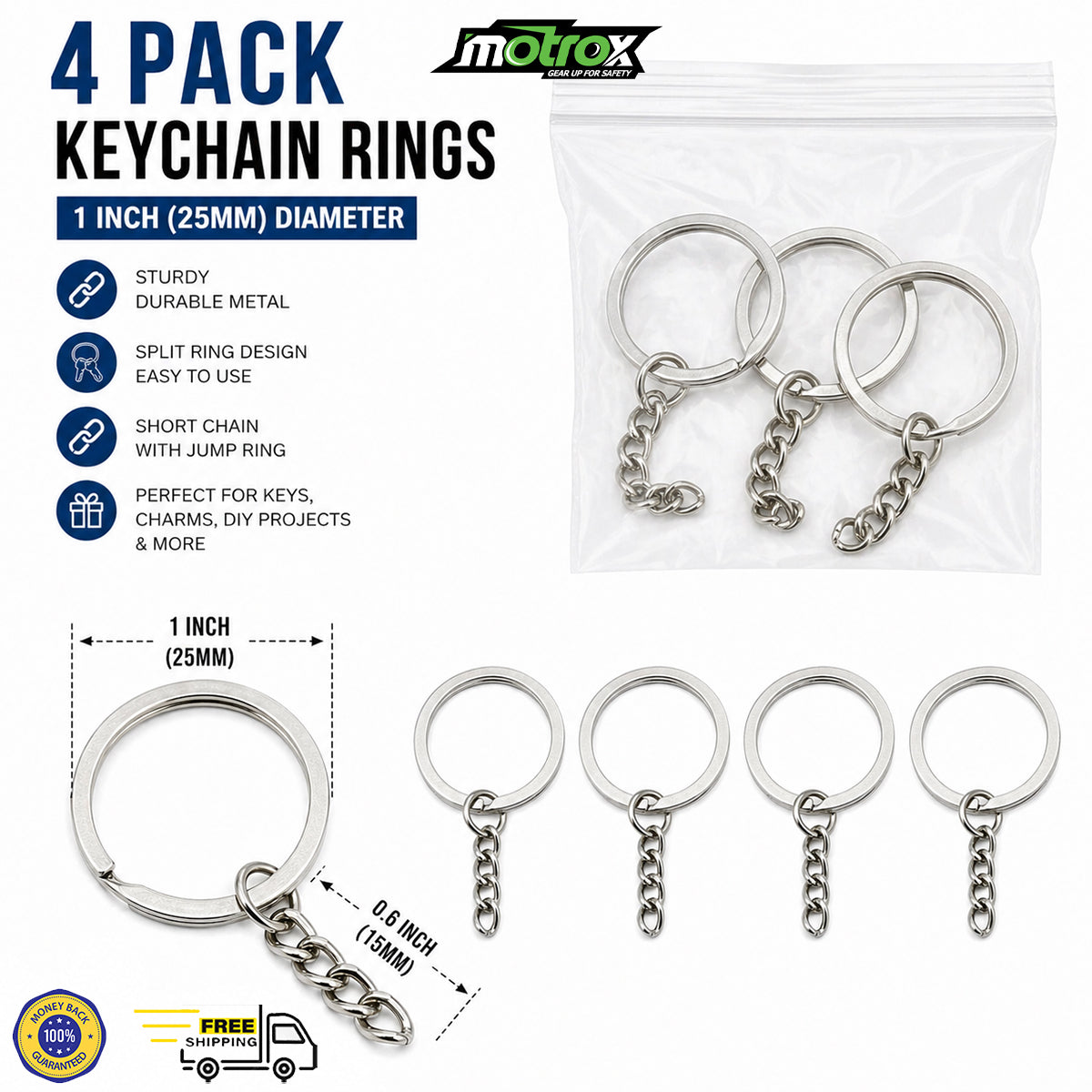 4 Pack Keychain Rings – 1 Inch (25mm) Split Key Ring with Chain, Metal Keychain Hardware for DIY Crafts