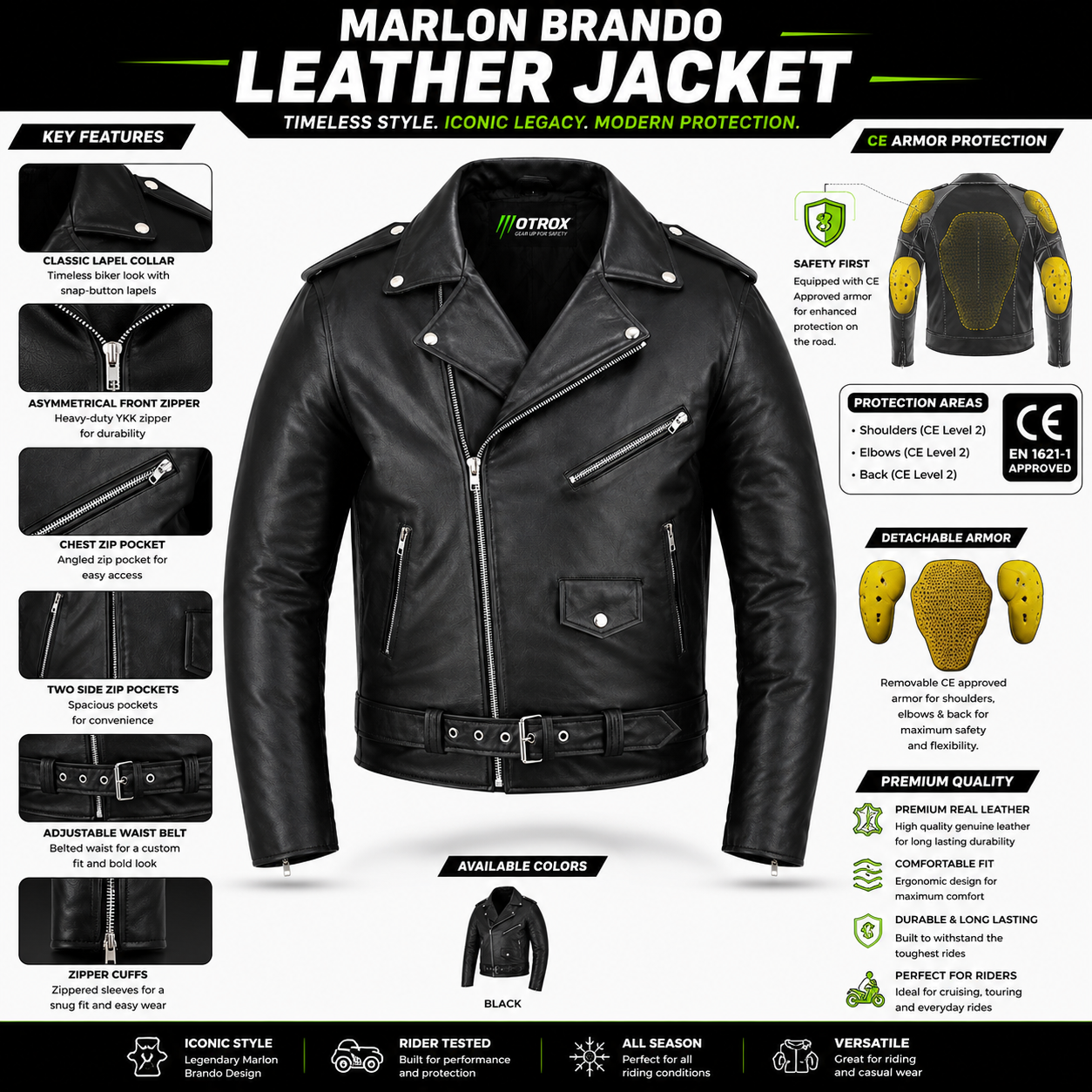 Mens Cafe Racer Brando Leather Jacket CE Armoured Motorbike Riding Jacket