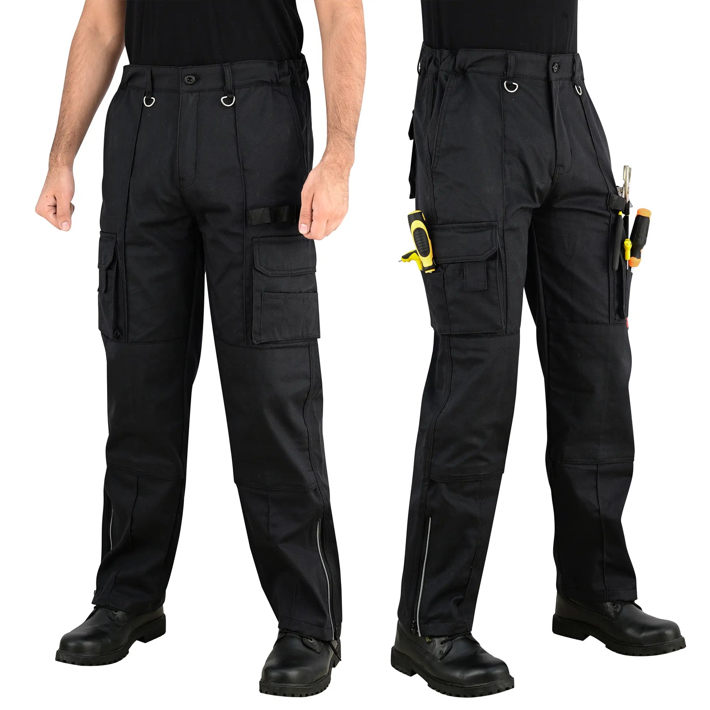 Men Cargo Combat Work Trousers with Knee Pad Pockets - Black