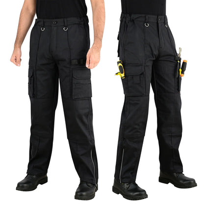 Men Cargo Combat Work Trousers with Knee Pad Pockets - Black