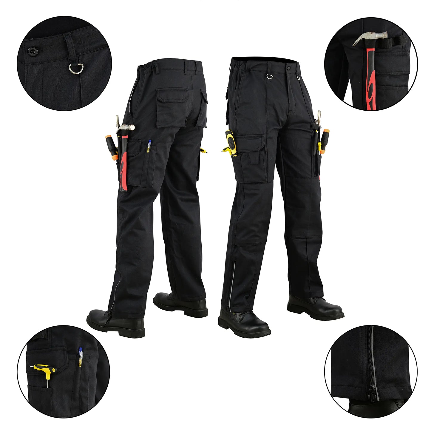 Men Cargo Combat Work Trousers with Knee Pad Pockets - Black