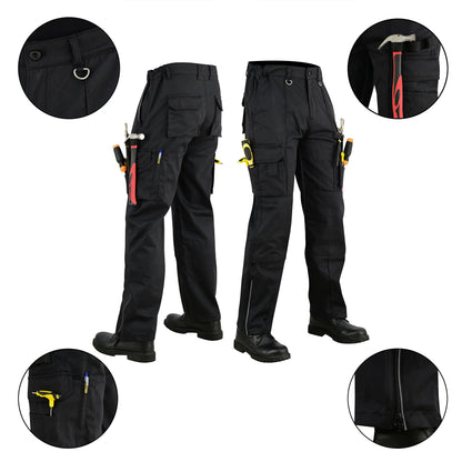 Men Cargo Combat Work Trousers with Knee Pad Pockets - Black