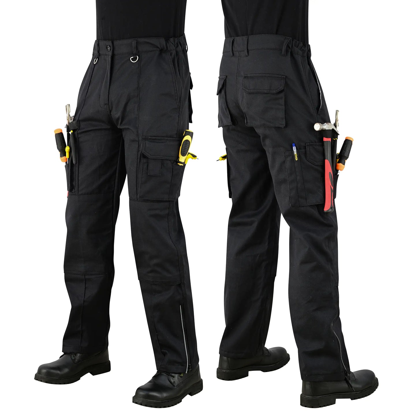 Men Cargo Combat Work Trousers with Knee Pad Pockets - Black