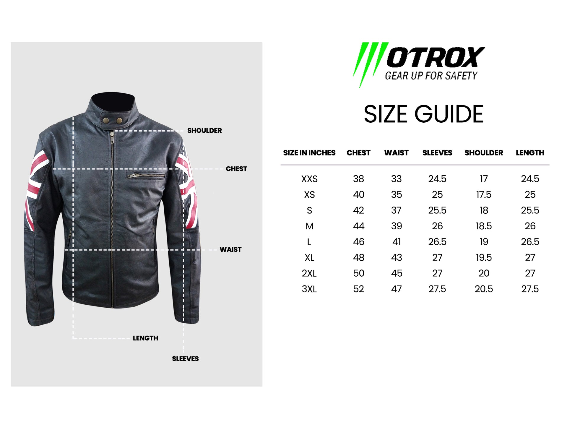 Size chart of men's rustic leather jacket