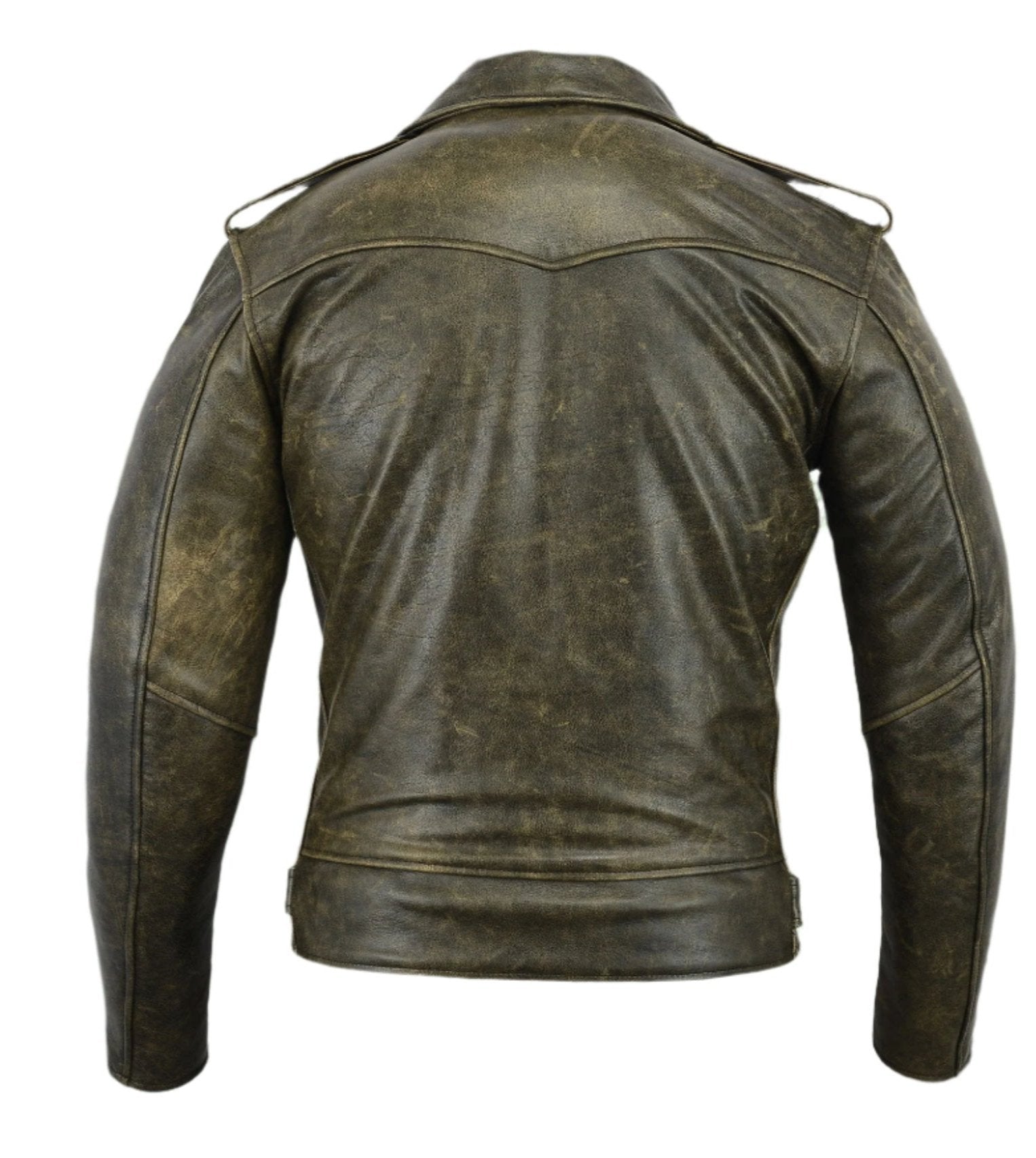 Backside of Men's vintage brown distressed leather jacket