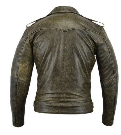 Backside of Men's vintage brown distressed leather jacket